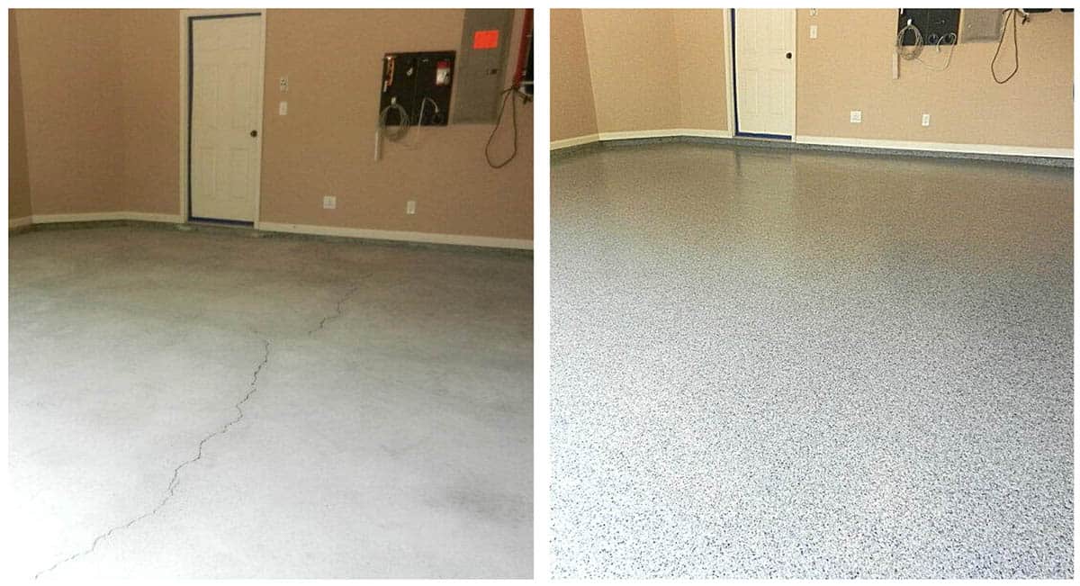 Premium garage floor coating before and after project with decorative flake finish in a Rochester Hills residential garage.