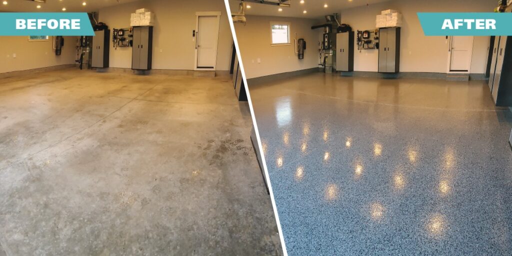 Premium garage floor coating before and after project with decorative flake finish in a Rochester Hills residential garage.