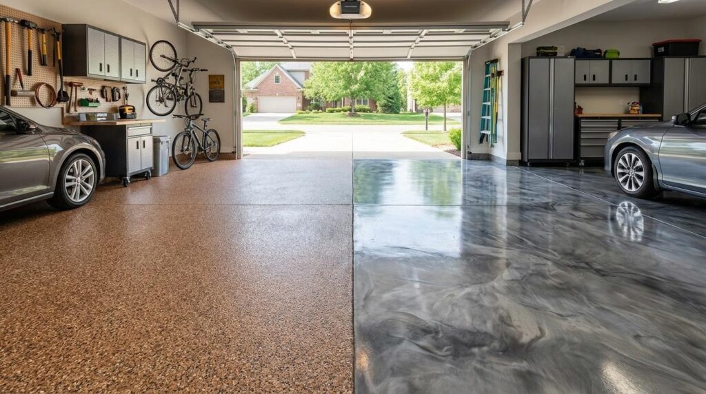 Durable polyurea floor coating system installed on residential garage concrete