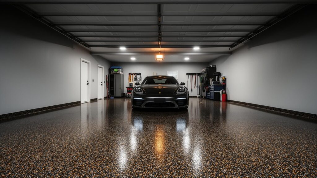 tan flake polyaspartic garage floor coating in rochester hills